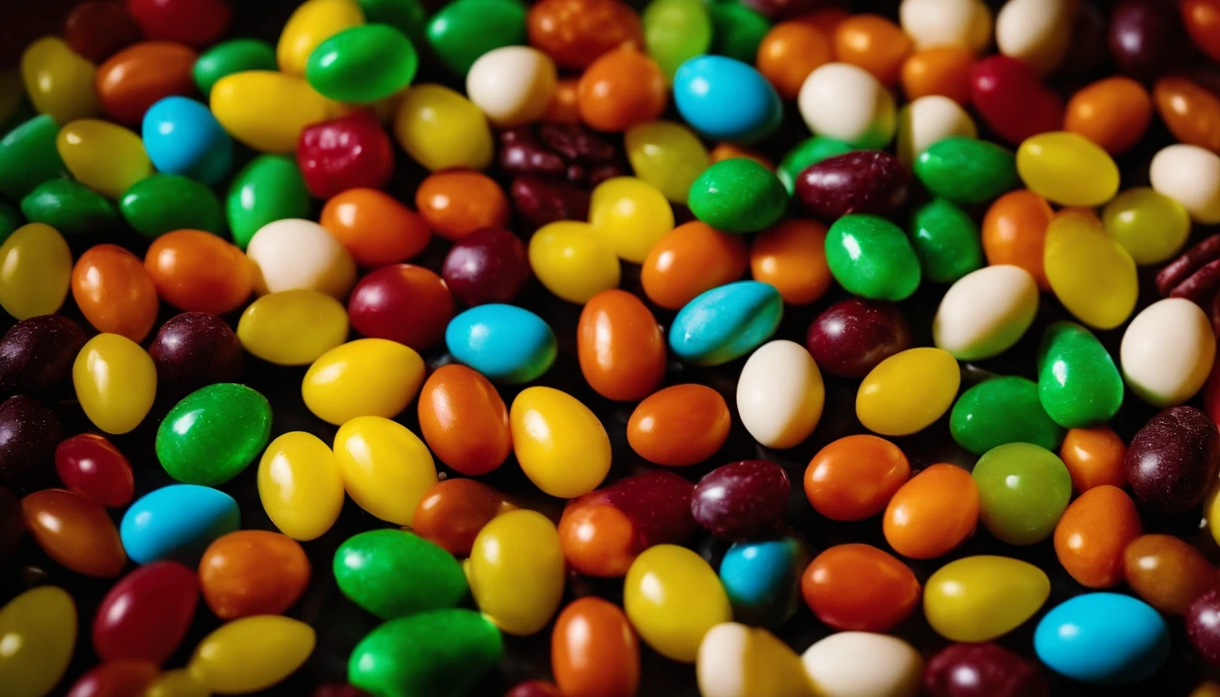a top-down shot of a plate filled with an assortment of brightly colored Easter candies, such as jelly beans and chocolate eggs, against a bold background, creating a visually enticing and mouthwatering image