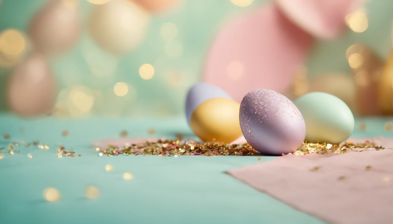 a high-resolution shot of a bold, pastel-colored background with scattered confetti and glitter, adding a touch of whimsy and celebration to the composition, perfectly representing the joyful spirit of Easter