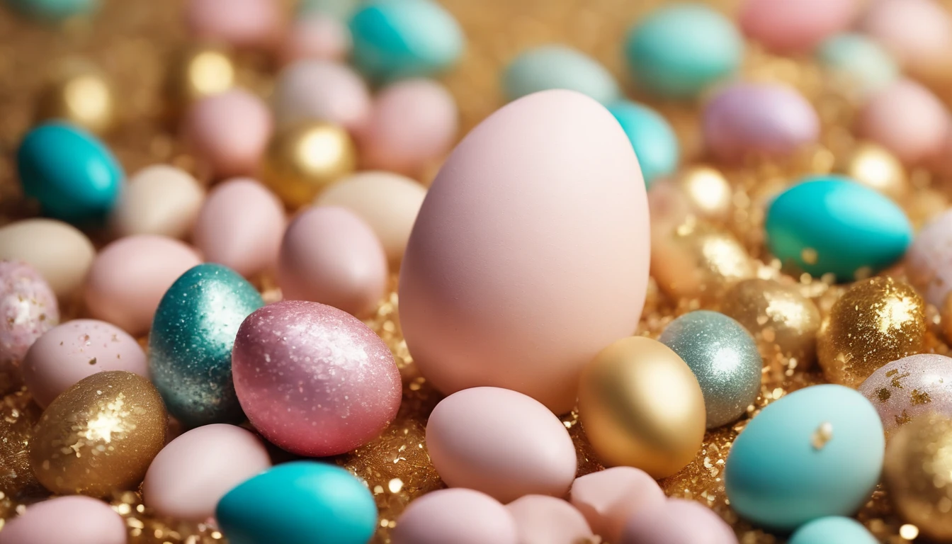 a high-resolution shot of a bold, pastel-colored background with scattered confetti and glitter, adding a touch of whimsy and celebration to the composition, perfectly representing the joyful spirit of Easter