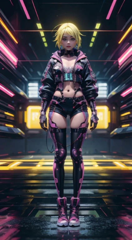 sozinho, 1girl, nu de corpo inteiro, (electric aqua pink hair), (electric yellow eyes), ((Roupa ciberpunk)), (symmetric eyes), (rosto perfeito), (anatomia perfeita), (Olhando para o Viewer), (cyber shooting), ((Fundo de arte de falha)), (arte glitch:1.3) ((efeito glitch)), (8k), (disco Rigido), (Cinematography)