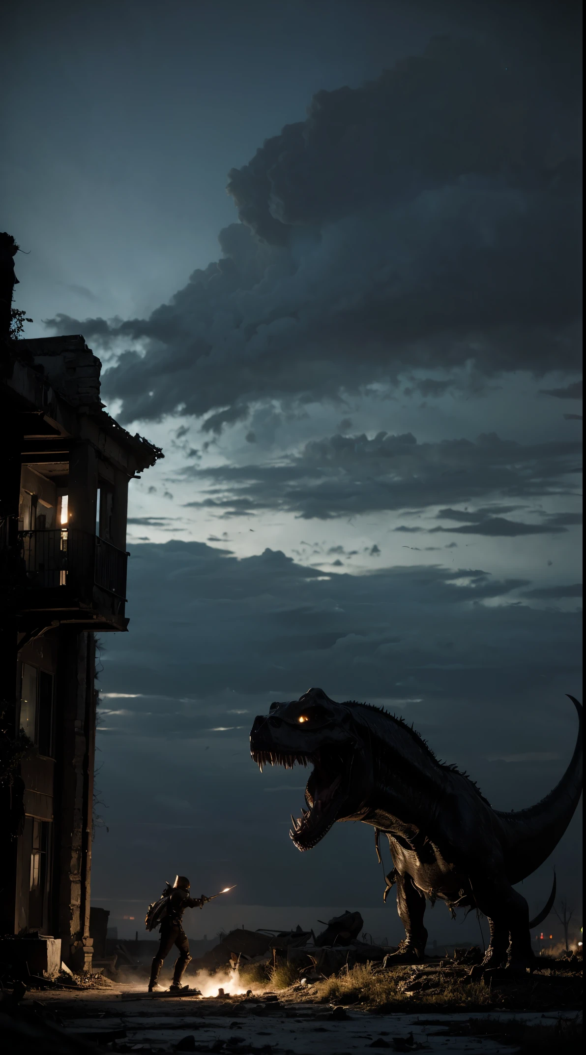 (side view, ruins, darkness, night, post apocalyptic), menacing phantom fighting with a ghost hunter, tyrannosaurus, scream