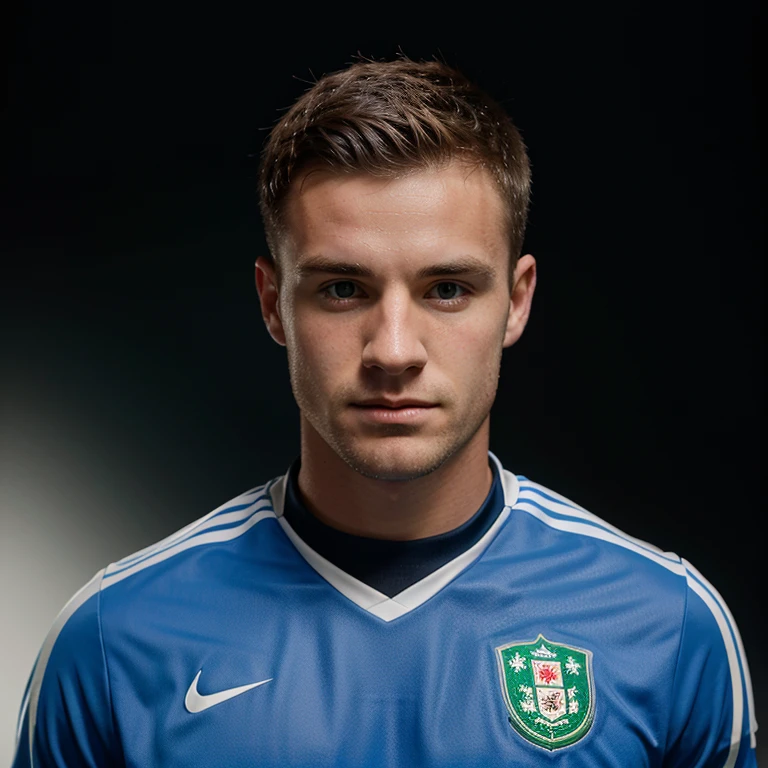 Irish male soccer player, portrait from the shoulders up, transparent background, facing forward