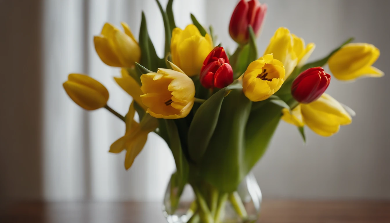 a still life shot of a bouquet of fresh spring flowers, such as tulips or daffodils, against a bold background, creating a visually captivating and vibrant composition that embodies the beauty and renewal of the Easter season