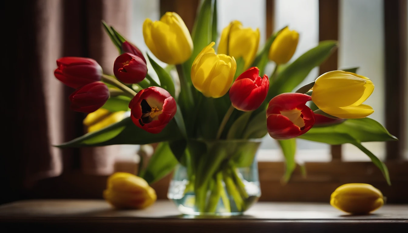 a still life shot of a bouquet of fresh spring flowers, such as tulips or daffodils, against a bold background, creating a visually captivating and vibrant composition that embodies the beauty and renewal of the Easter season