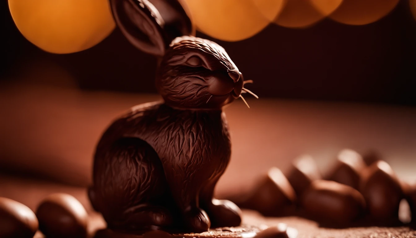 a macro shot of a close-up of a bunny-shaped chocolate treat against a bold, contrasting background, highlighting the details and textures of the chocolate, creating a visually enticing and delicious image