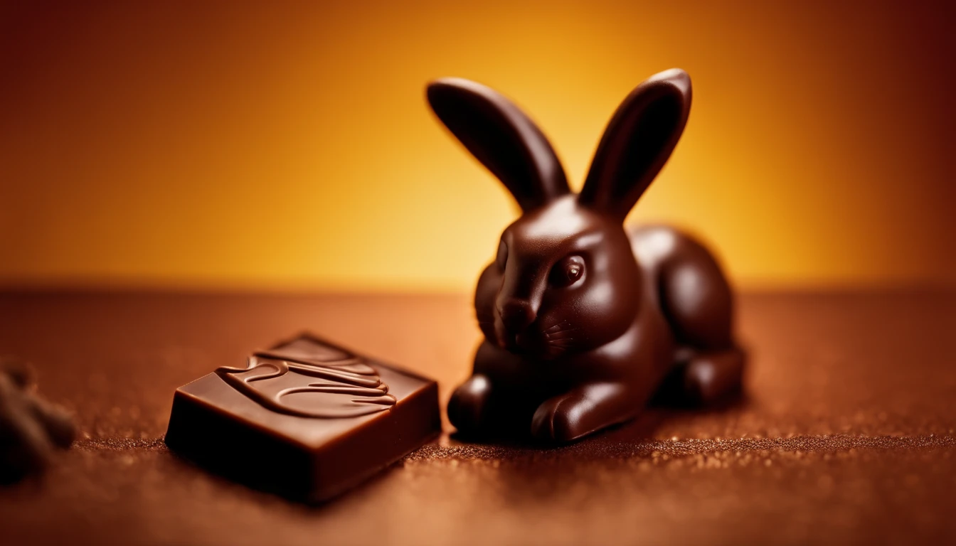 a macro shot of a close-up of a bunny-shaped chocolate treat against a bold, contrasting background, highlighting the details and textures of the chocolate, creating a visually enticing and delicious image
