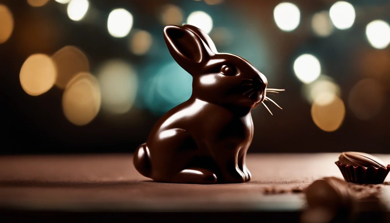 a macro shot of a close-up of a bunny-shaped chocolate treat against a bold, contrasting background, highlighting the details and textures of the chocolate, creating a visually enticing and delicious image