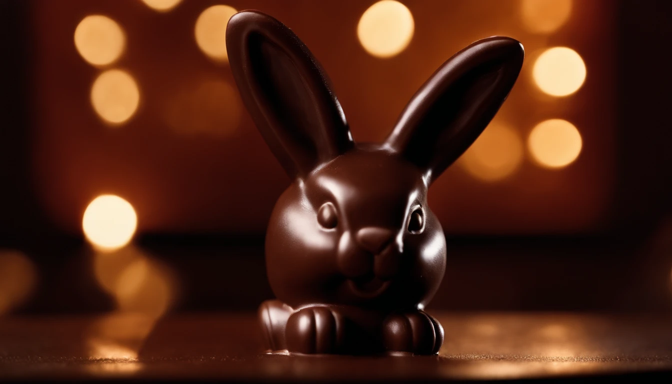 a macro shot of a close-up of a bunny-shaped chocolate treat against a bold, contrasting background, highlighting the details and textures of the chocolate, creating a visually enticing and delicious image