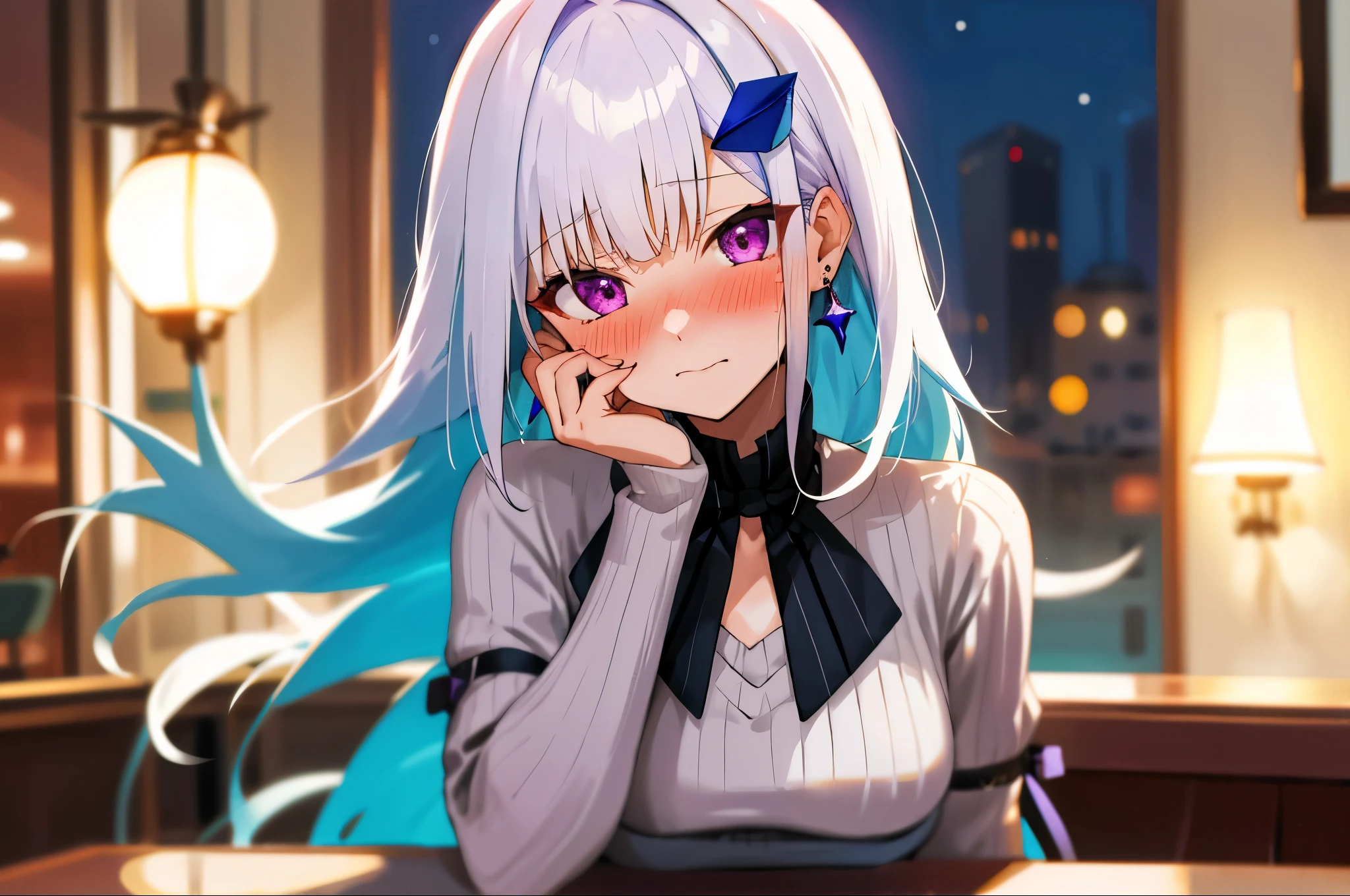 One girl with long hair, bangs, white hair, blue inner hair:1.25) , purple eyes, looking at viewer, blushing, embarrassed, indoor, cafe, table, sitting, sweaters, earrings, mid-chest, night atmosphere, hair ornament, medium breasts, upper body, focus, blurry background, hands in face