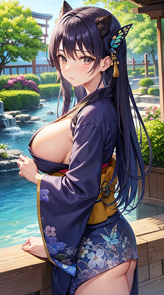 Indigo hair、Brown eyes、Blue kimono、Beautiful woman with big breasts、Japan garden in the background、A slightly fluffy kimono、anti-soul butterfly