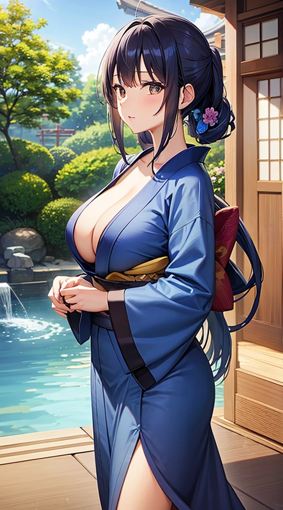 Indigo hair、Brown eyes、Blue kimono、Beautiful woman with big breasts、Japan garden in the background、A slightly fluffy kimono、anti-soul butterfly