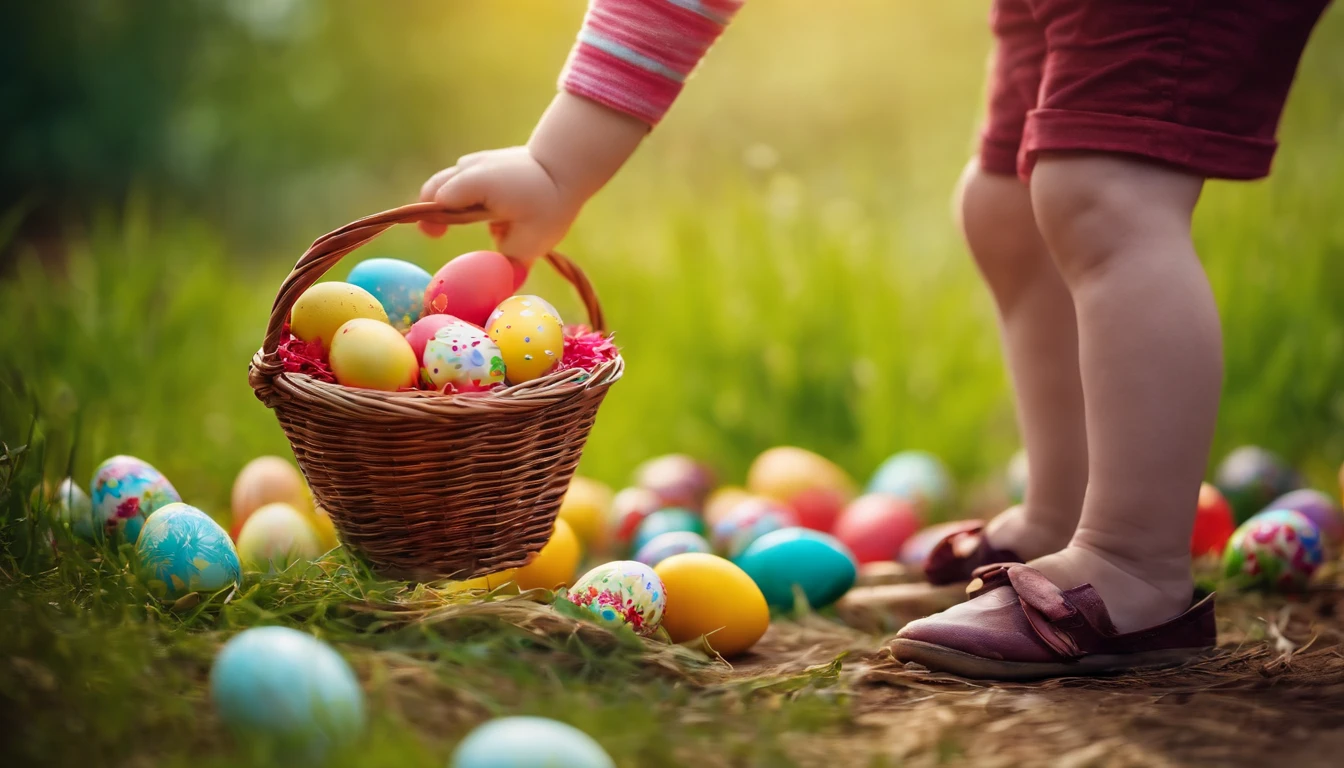 a lifestyle shot of a child holding a basket filled with colorful Easter eggs against a bold background, capturing their excitement and joy, and showcasing the anticipation and tradition of Easter egg hunts
