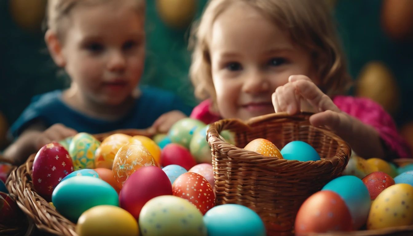 a lifestyle shot of a child holding a basket filled with colorful Easter eggs against a bold background, capturing their excitement and joy, and showcasing the anticipation and tradition of Easter egg hunts