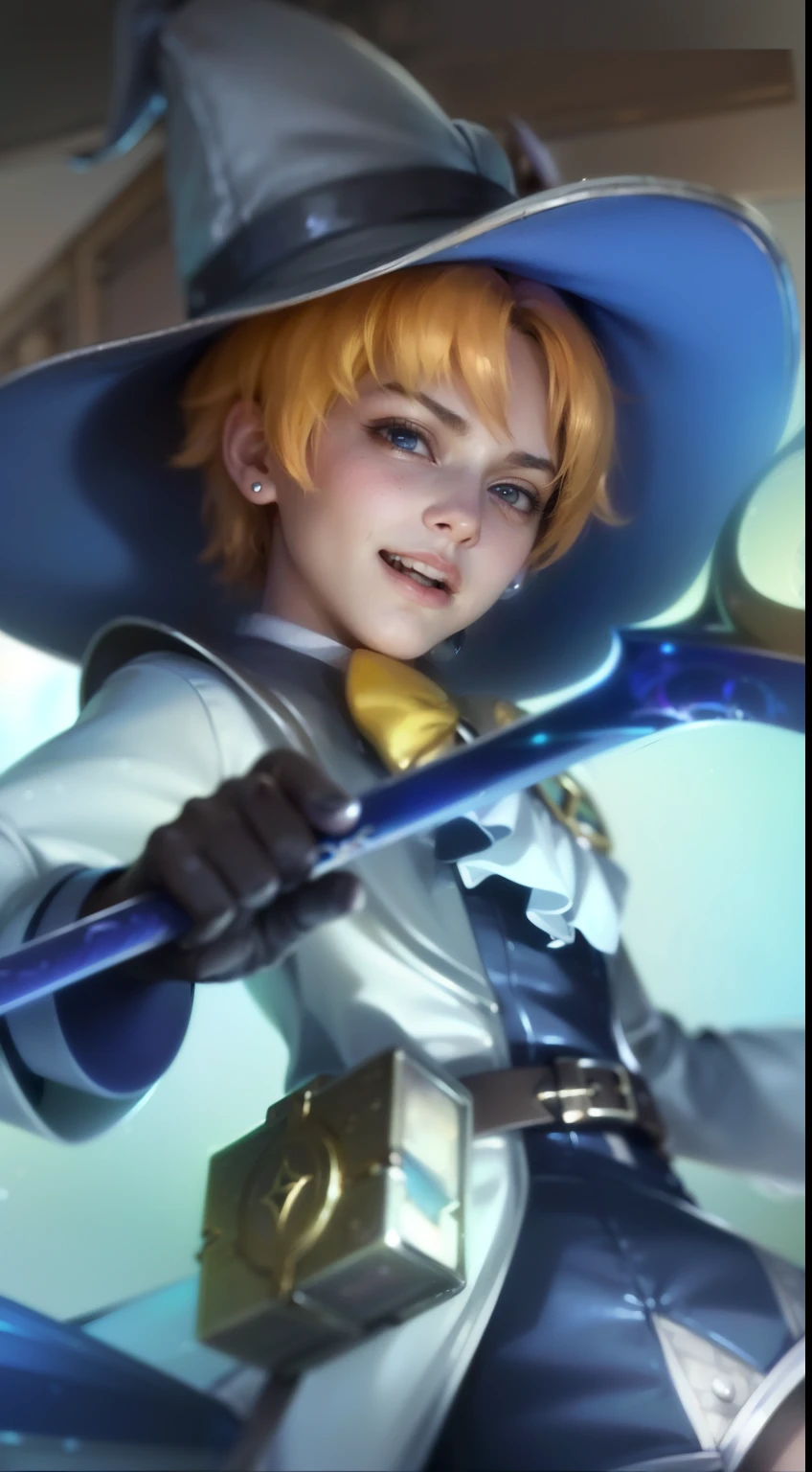 masculine male, masterpiece, ((perfect eyeest quality, (semirealism:1.9), beautiful lighting, (extremely detailed CG unity 4k fhd wallpaper), High Detail, Sharp focus, dramatic outdoors, 1 boy ,19 years old, blue hair, light purpel eyes, smile, a close up of a person with a hat and a sword, ashe, leblanc, rin, tane skin, orianna, range murata and artgerm, zenra taliyah, roguish smirk, vivy, ezreal (league of legends, charming sly smile, youthful taliyah, smirking male bard, kda, mobile legends,realistic, high quality, 8k, brown hair.