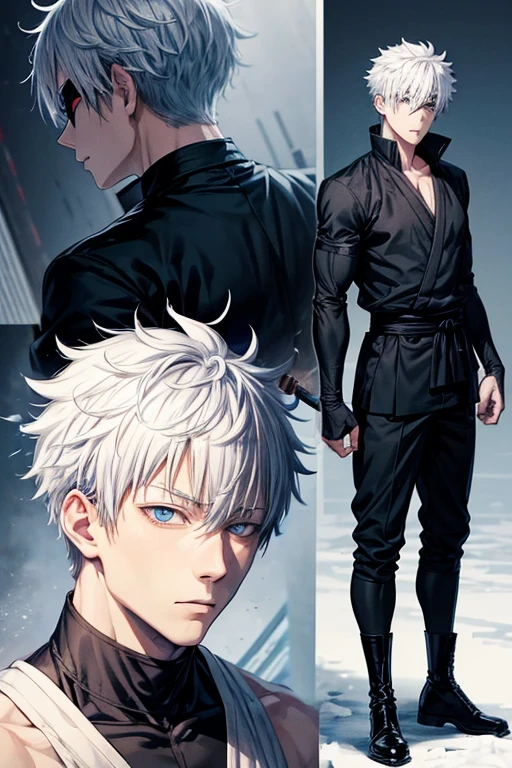 Satoru Gojo from Jujutsu Kaisen anime and manga series by Gege Akutami. He is a tall, lean, muscular young man with vibrant blue eyes, and snow-white hair. He wears a black uniform of Jujutsu High with buttons at his collar. He wears short black boots.