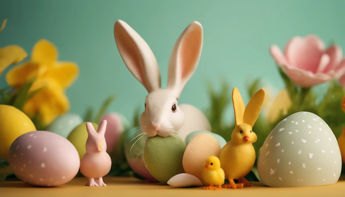 a creative shot of a bold background with cut-out shapes of Easter symbols, such as bunnies, chicks, or flowers, arranged in a playful and visually pleasing composition, adding a touch of whimsical charm to the image