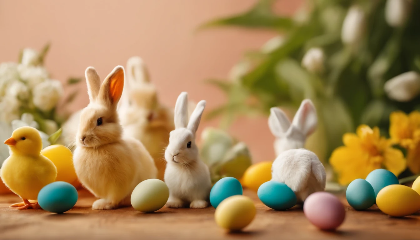 a creative shot of a bold background with cut-out shapes of Easter symbols, such as bunnies, chicks, or flowers, arranged in a playful and visually pleasing composition, adding a touch of whimsical charm to the image