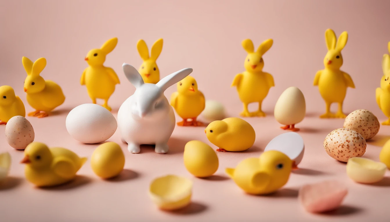 a creative shot of a bold background with cut-out shapes of Easter symbols, such as bunnies, chicks, or flowers, arranged in a playful and visually pleasing composition, adding a touch of whimsical charm to the image