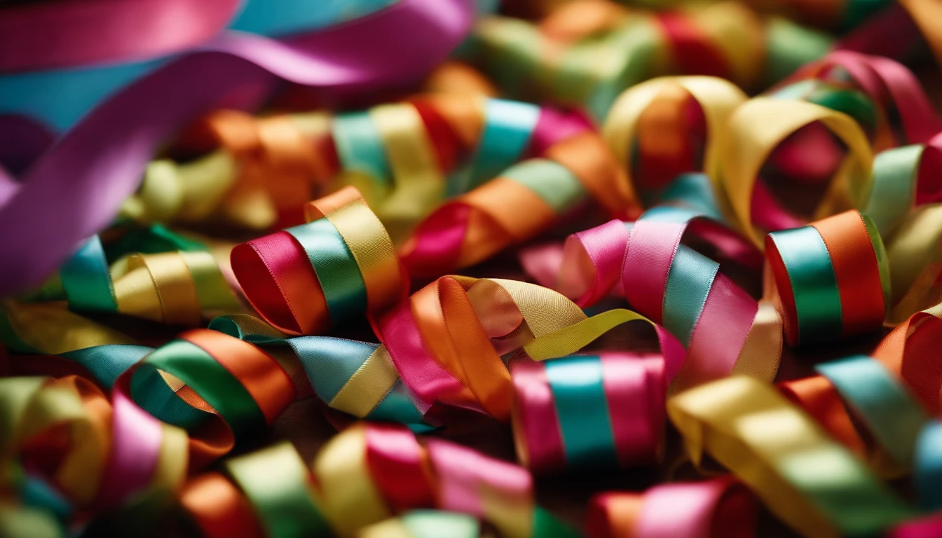 a high-angle shot of a bold background with colorful ribbons and bows arranged in a visually appealing pattern, representing the festive and decorative nature of Easter celebrations.