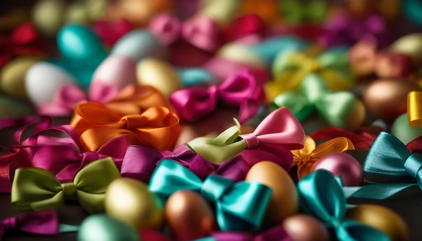 a high-angle shot of a bold background with colorful ribbons and bows arranged in a visually appealing pattern, representing the festive and decorative nature of Easter celebrations.