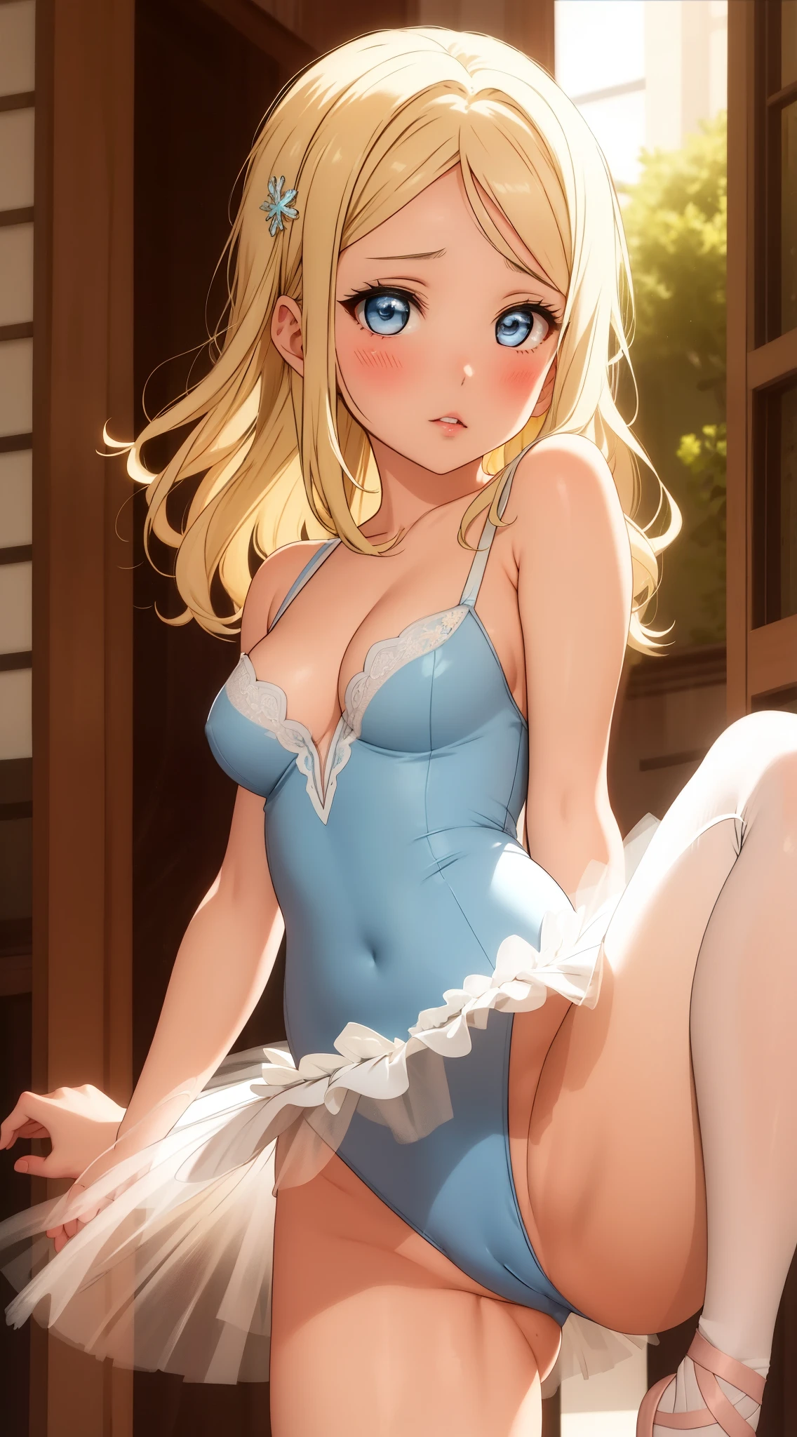 masterpiece, best quality, highly detailed, ultra high res, ayase arisa, 1girl, solo, blue eyes, hair ornament, blonde hair, long hair, blush, glossy lips, ballerina, sleeveless leotard, (tutu), cleavage, medium breasts, full body