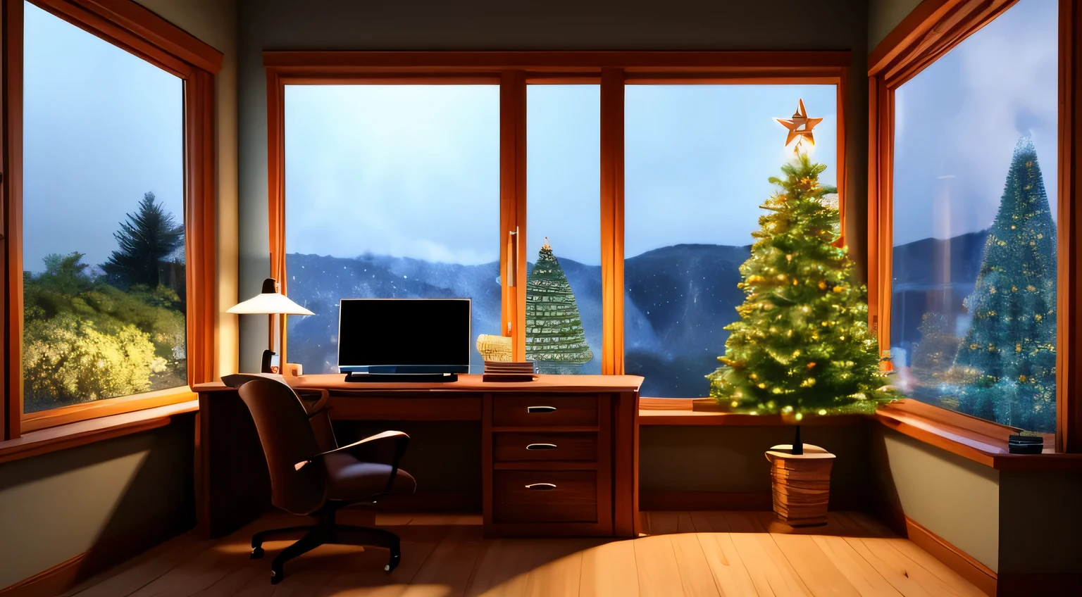 Sala de estudo. mesa de computador. Computador com imagem da natureza nevando. The office is softly lit. A steaming cup of coffee is on the table. The steam from the coffee rises and mixes with the soft lighting. beautiful christmas tree in the corner. Pela janela o espectador pode ver a beleza tranquila da noite nevando ao fundo, diffuse lighting, hiper-realismo, Cinematic lighting, UHD, Super Detalhe, Detalhes altos, alta qualidade, best quality, 4k