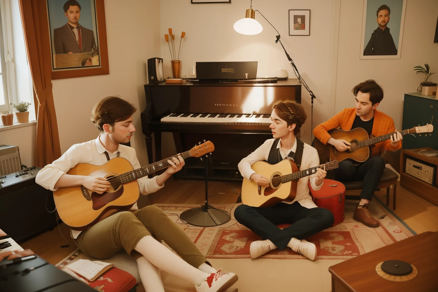 February 2023. Music Jam in a Berlin Apartment.

Description: Friends gather in a cozy Berlin apartment for a music jam session. Each musician, with distinct instruments and outfits, contributes to a harmonious Wes Anderson-style February evening.