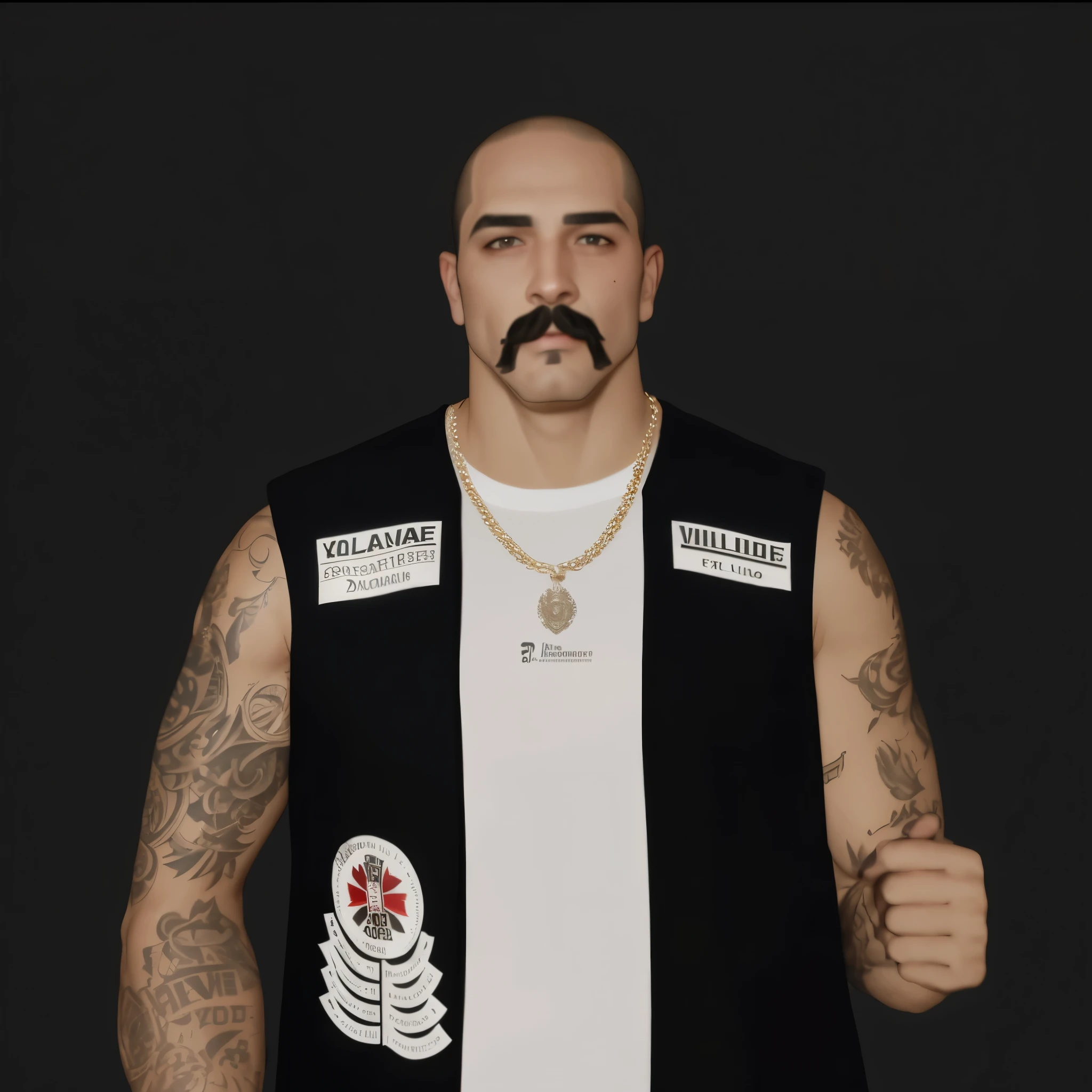 there is a man with a mustache and a vest with tattoos, inspired by Dave Arredondo, as a character from gtav, tony sandoval. 8 k realistic, tony matelli, inspired by Volkan Baga, inspired by Viktor Oliva, british gang member, david villegas, inspired by Oscar Rodríguez Naranjo, craig mallism