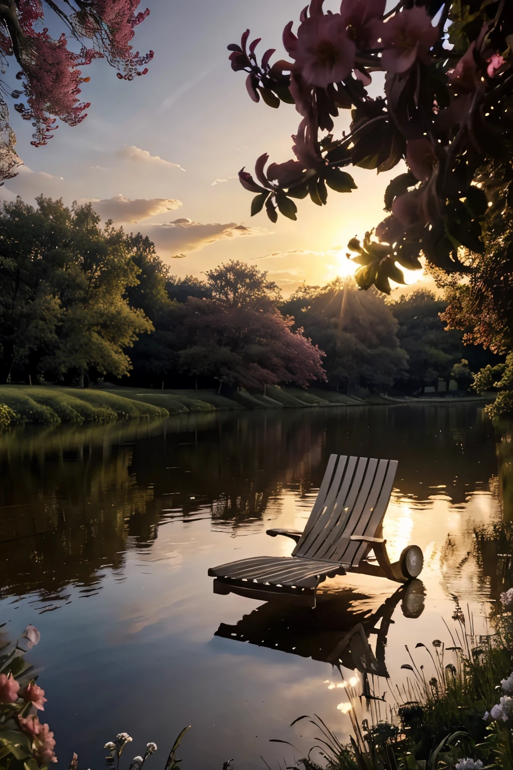 (Masterpiece, Best quality:1.2), Ultra detailded, lighting cinematic, Hdr, ilustration, parc,river,1chaise, lever du soleil,  fleur de cerisier, impressionnant, froid, Inspiration,