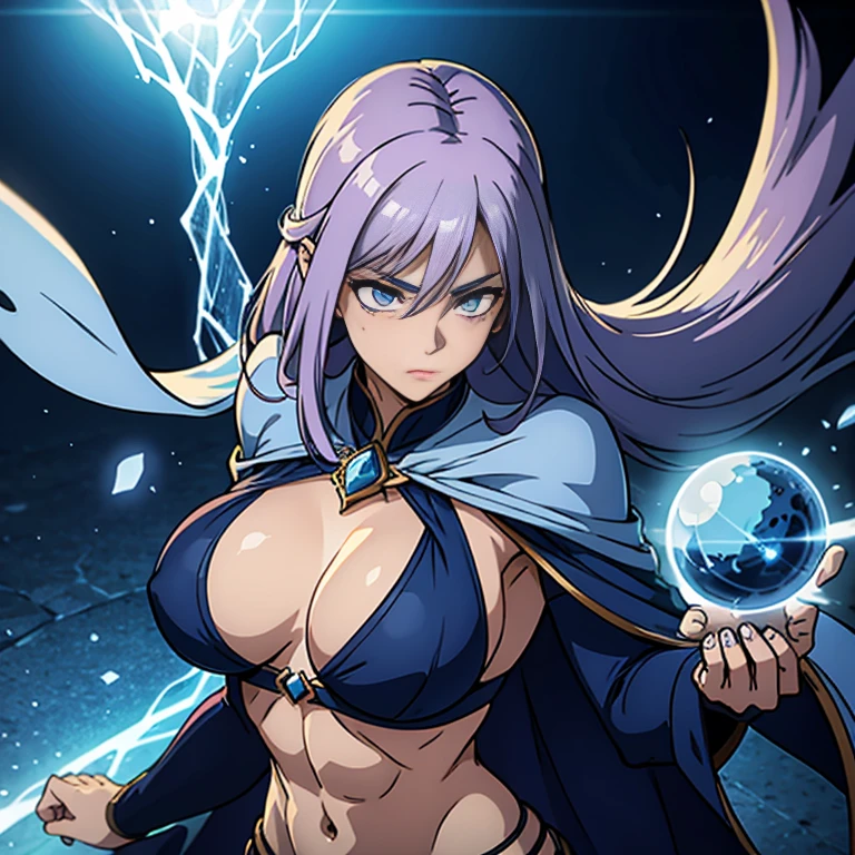 great quality, (female mage), very focused face, diamond face, perfect eyes, (wearing mage robe), strong shadows, detailed face, (casting spell that makes a illusion of her), blue flashes of light, in battle, detailed abs, scars, shinying eyes, (masterpiece), direct light, underlight, strong jaw, (large boobs), massive ass, thick thighs, (long torso), wide waist, skinny torso, fit, perfect face, sexy, (blushing),