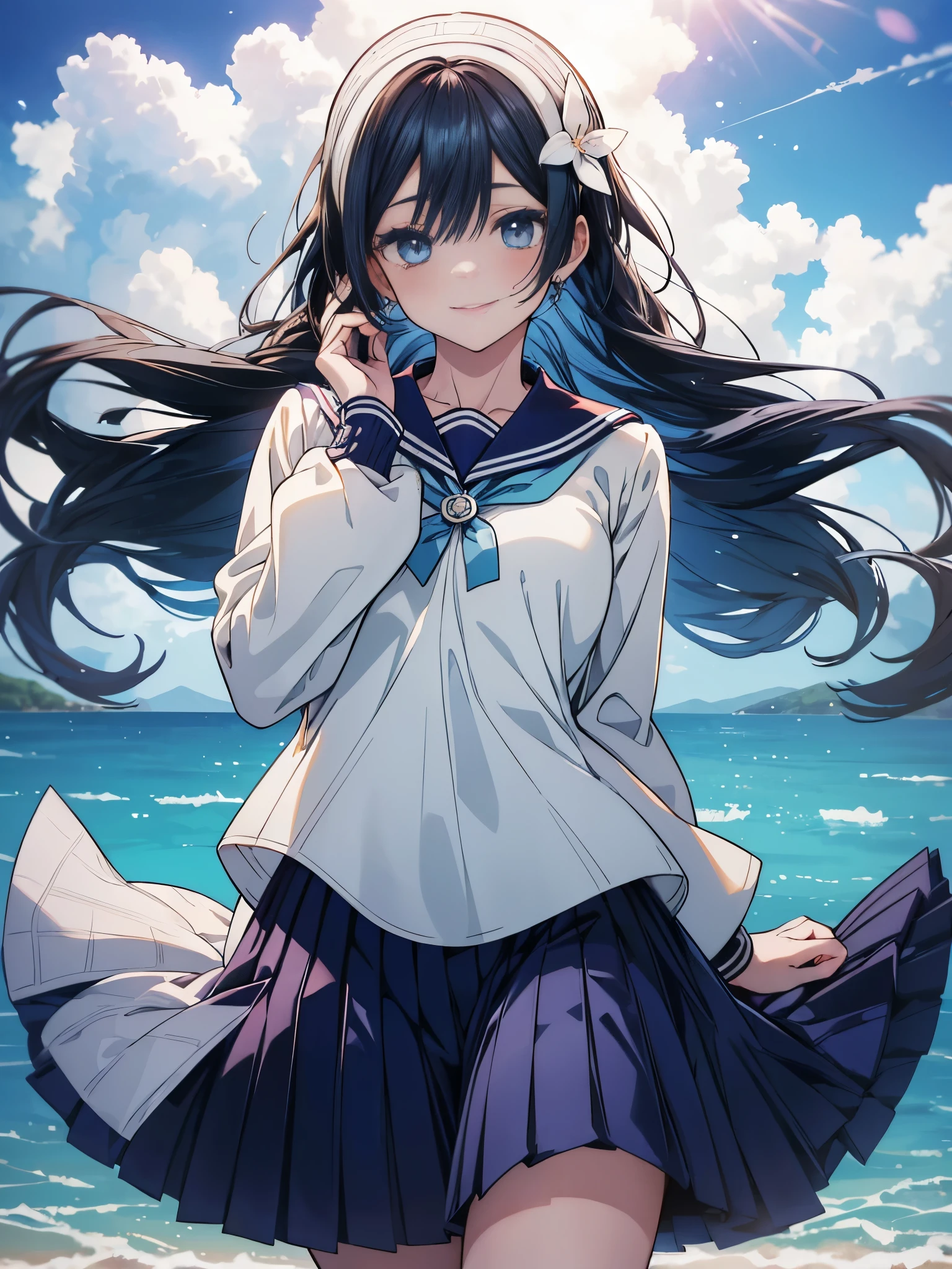 (masutepiece ,Best Quality,Insanely detailed), 1 Cute Pure Girl,Innocent smile,Dark hair、serafuku,Blue collar,Navy pleated skirt,From below,Blue sky,white clouds,Summer sunshine,detailed and beautiful eyes,Twinkle Eyes,Glossy lips, Perfect Anatomy , Perfect five fingers,Attractive,amazing, Super Fine Age