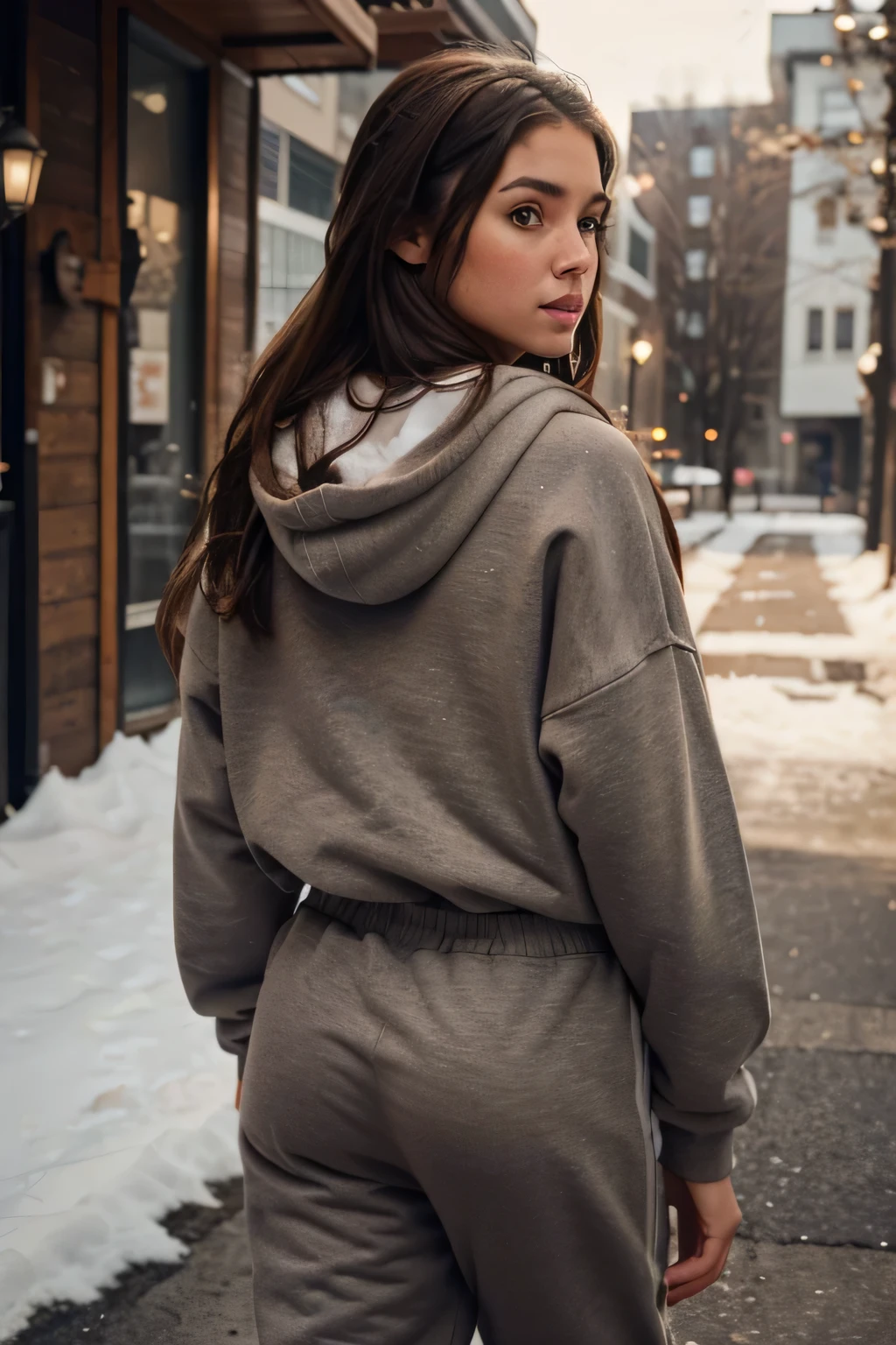 girl outside, winter, full body, very beautiful, brown hair, wearing sweatpants and a blank oversized hoodie, realistic face, detailed eyes, freckles, looking to the side, photo from behind, photo made by iphone 8