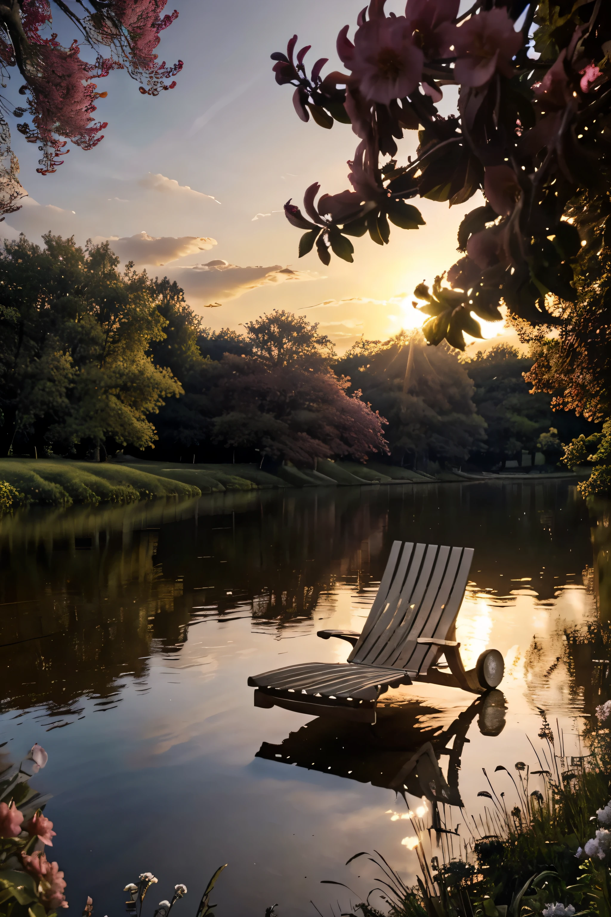 (Masterpiece, Best quality:1.2), Ultra detailded, lighting cinematic, Hdr, ilustration, parc,river,1chaise, lever du soleil, fleur de cerisier, impressionnant, froid, inspiration,
