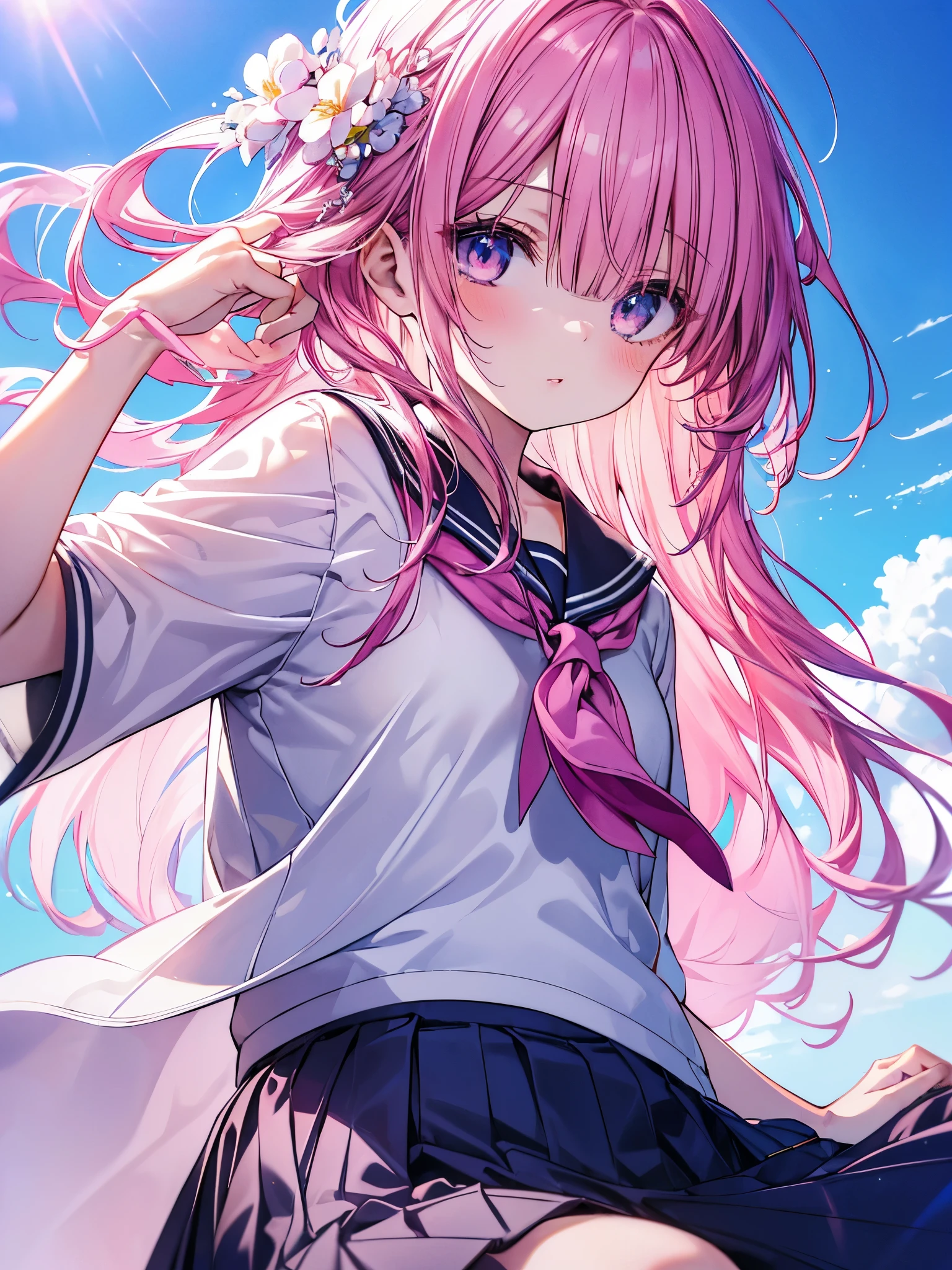 (masutepiece ,Best Quality,Insanely detailed), 1 Cute Pure Girl,Innocent smile,A pink-haired、serafuku,Blue collar,Navy pleated skirt,From below,Blue sky,white clouds,Summer sunshine,detailed and beautiful eyes,Twinkle Eyes,Glossy lips, Perfect Anatomy , Perfect five fingers,Attractive,amazing, Super Fine Age