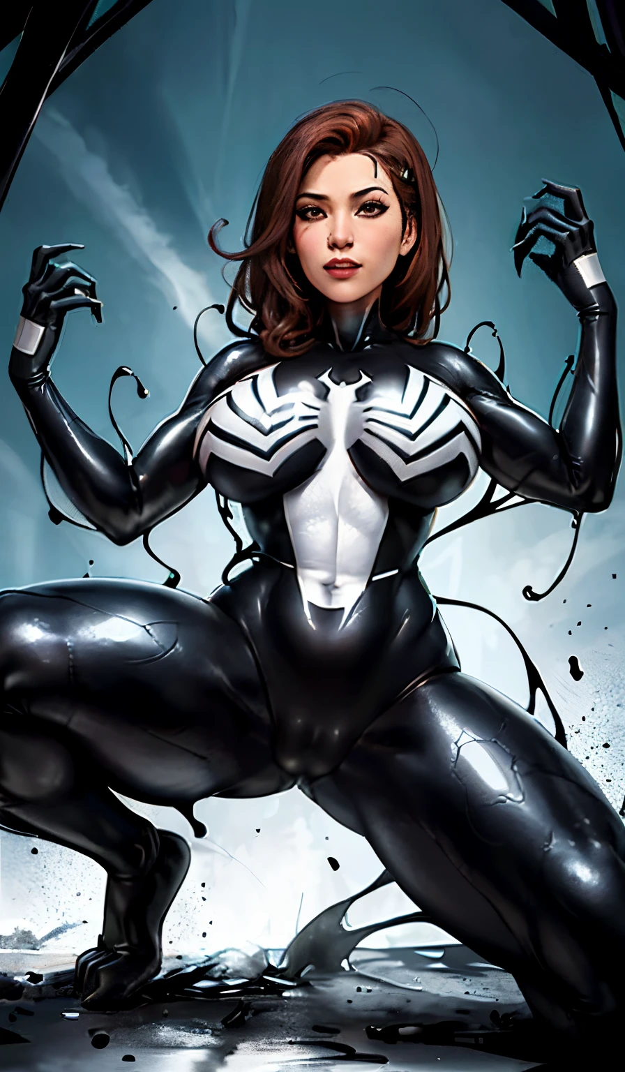 4K,realisticlying,Glamorous,The very detailed,There a girl in Dingcheng,Wearing a black Spider-Man costume,(Black and white:1.4) the night,symbiote,venomize,a large amount of mucus,she a spiderman,Black superhero theme,In front of the sky,Flushed complexion,( Open legs, camel-toe,, Vulvar shape:1.3),(GGCameltoe:1.3)Legs apart,25 age old,full bodyesbian