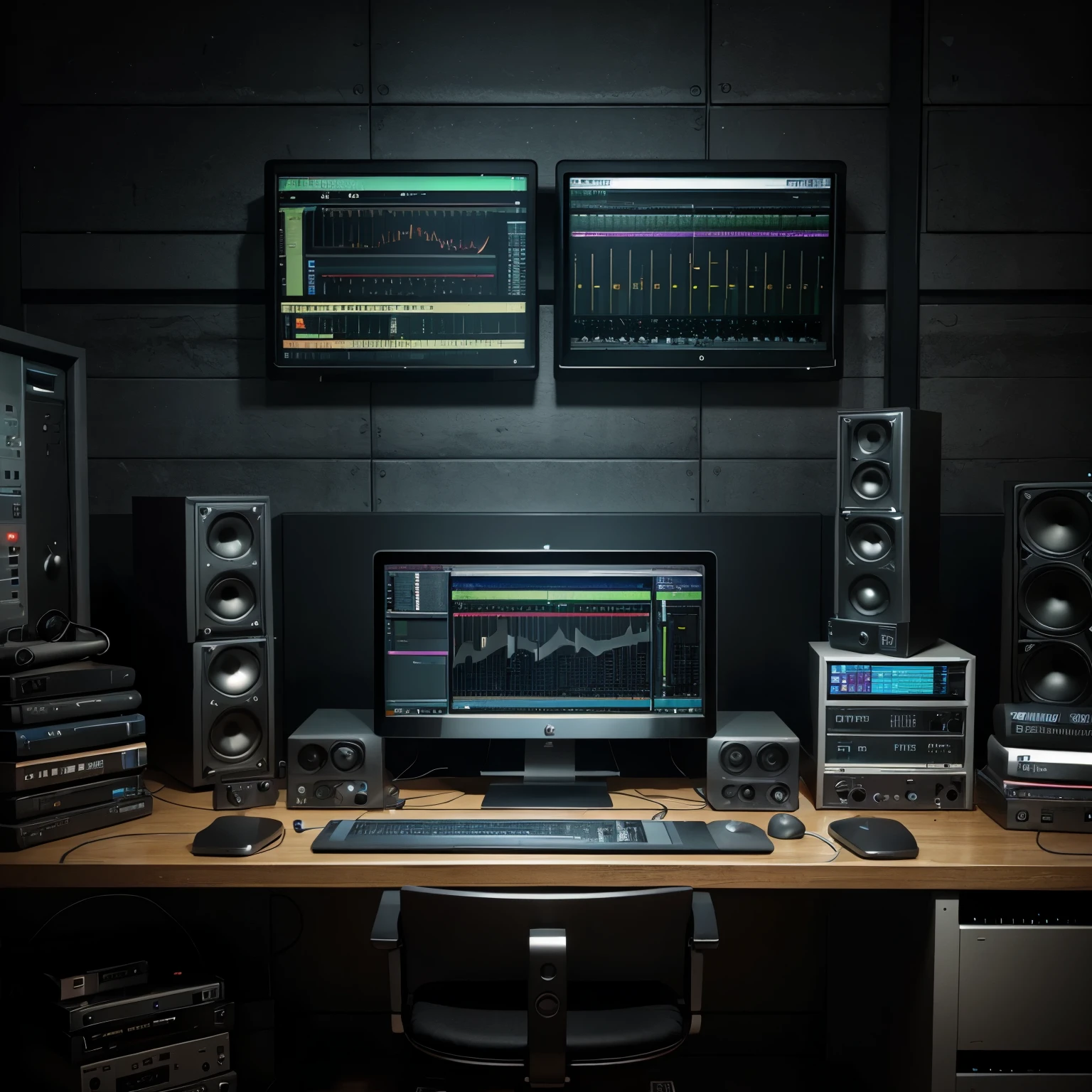 A 3d interpretation of digital audio workstation like Logic Pro, with audio plugins like compressors, equilizers