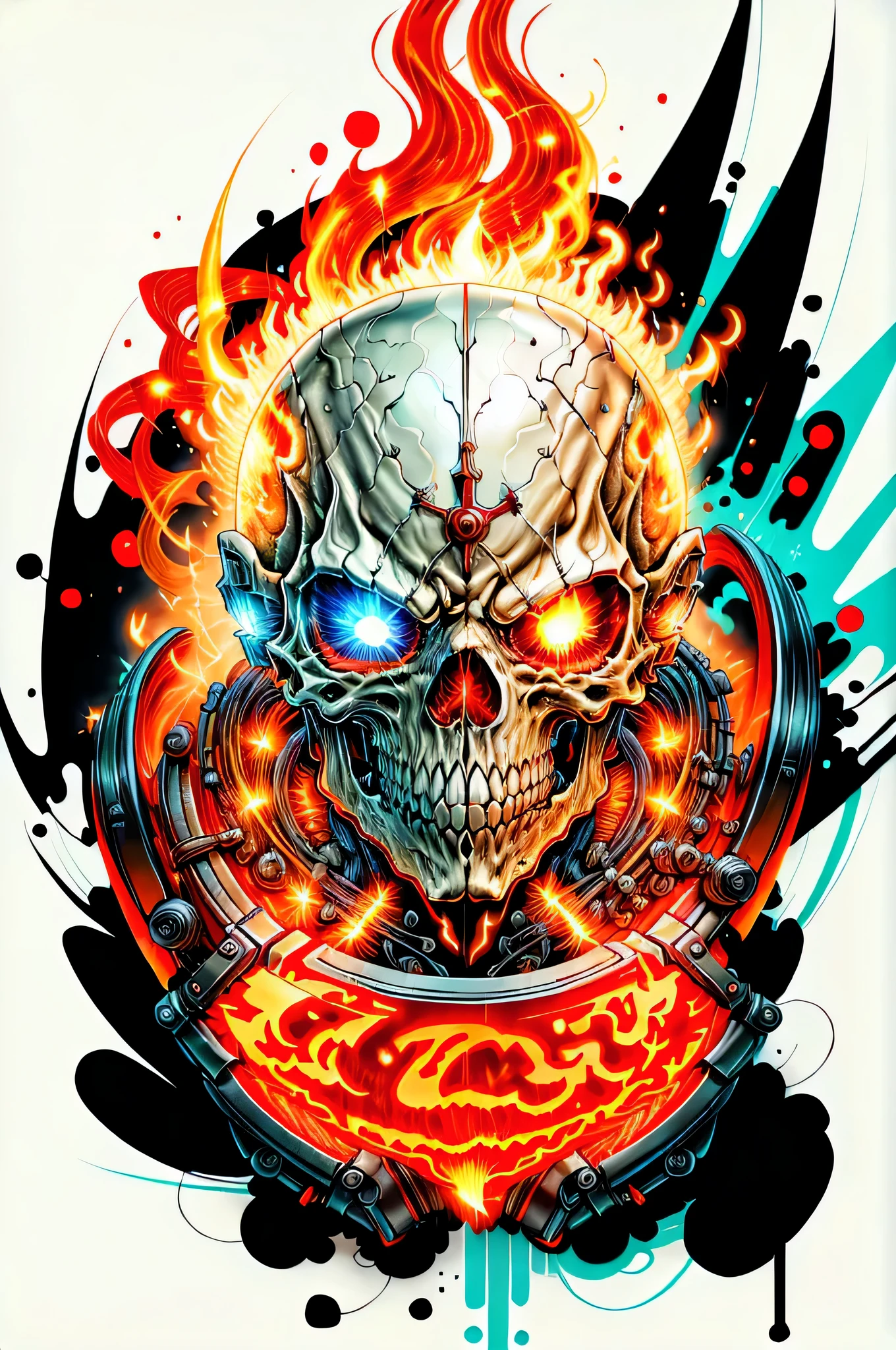skull with flames and a knife in the middle of it, glowing red skull, skull design for a rock band, fiery skull contemplating life, fantasy skull, full color digital illustration, heavy metal art style, flaming skull, style of hydro74, colored illustration for tattoo, striking detailed artstyle, in style of digital illustration, ghost rider, metal skull with red eyes