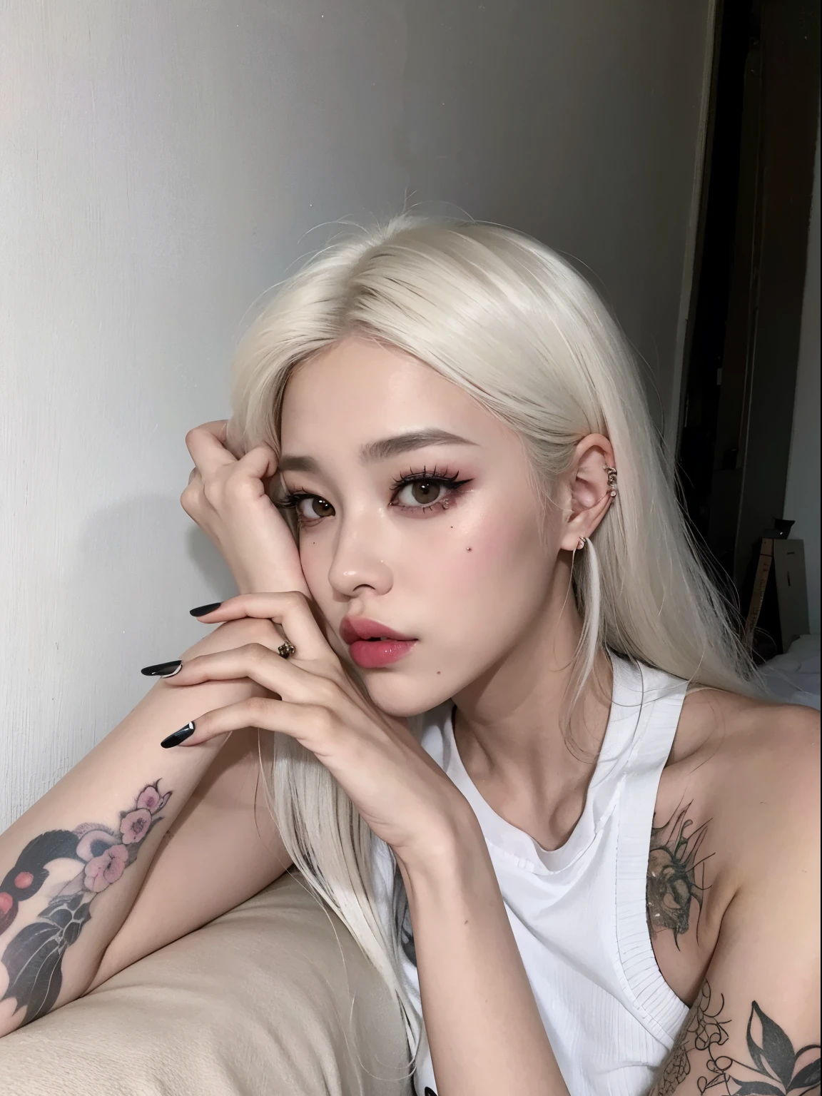 Mujer arafed con tatuajes en los brazos y brazos apoyados en una cama, Retrato de Jossi de Blackpink, Parque Roseanne de Blackpink, Ava Max, Su cabello es blanco, Cl, Taejune Kim, Heonhwa Choe, con el pelo largo y blanco, con pelo largo blanco, ulzzang, cruel korean goth girl, maquillaje popular de Corea del Sur, Chica coreana