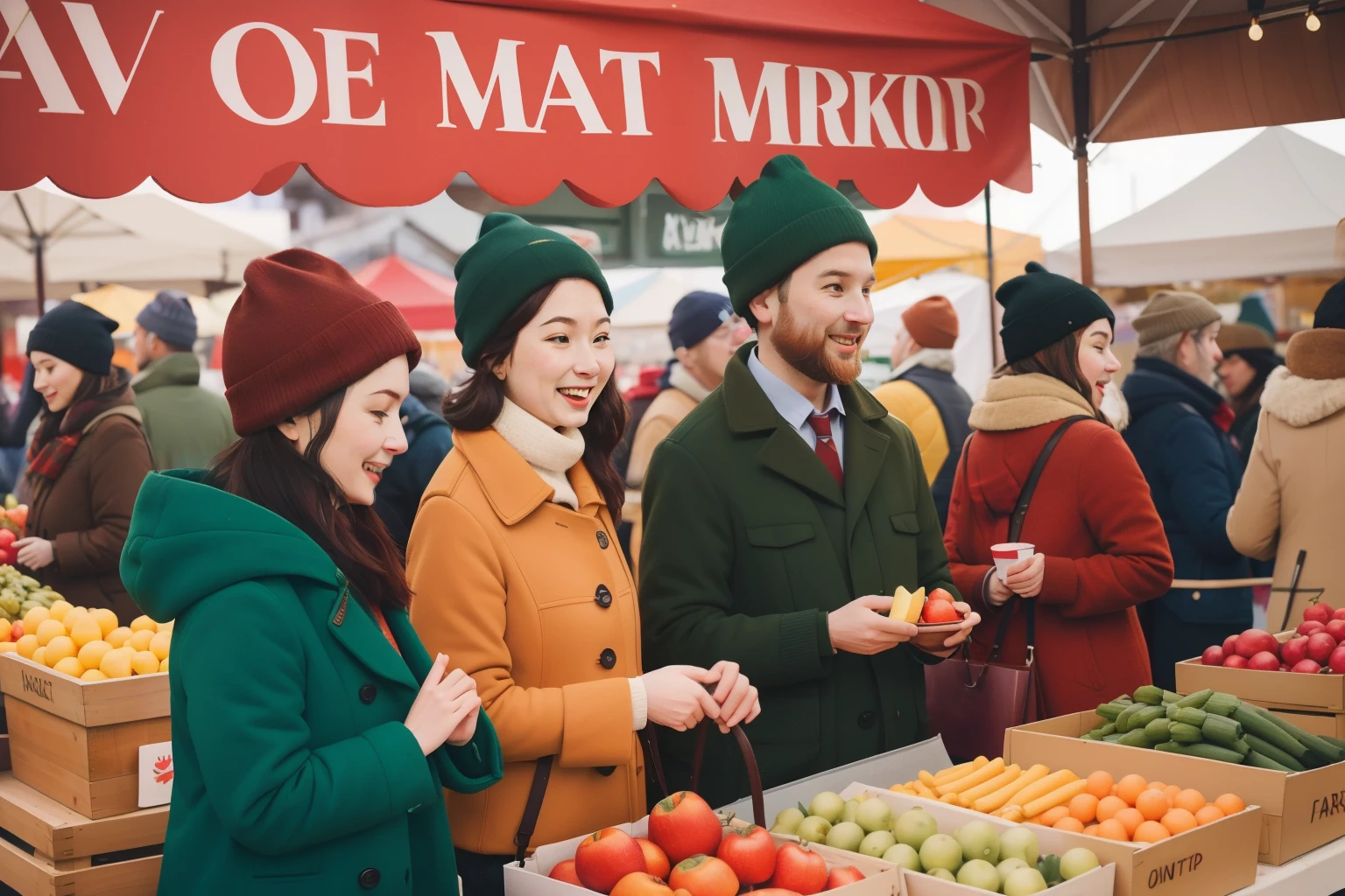 February 2023. Farmers Market Exploration in Vancouver, Canada.

Description: Shoppers with distinctive winter attire explore a lively Vancouver farmers market. The colorful produce, handmade goods, and animated conversations embody a Wes Anderson-inspired February market day.