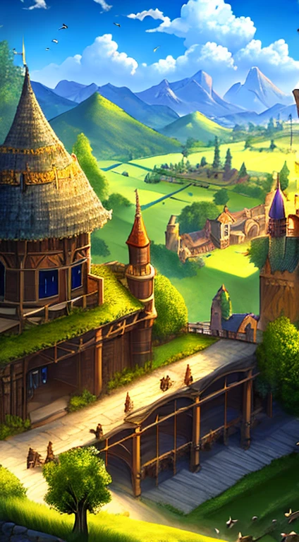 medieval kingdom. sunny morning. 8k resolution. ratio 3:2. very high drawing skills. bird's eye viewpoint. very stunning view. amazing light effects. thick medieval fantasy illustrations. very large area.