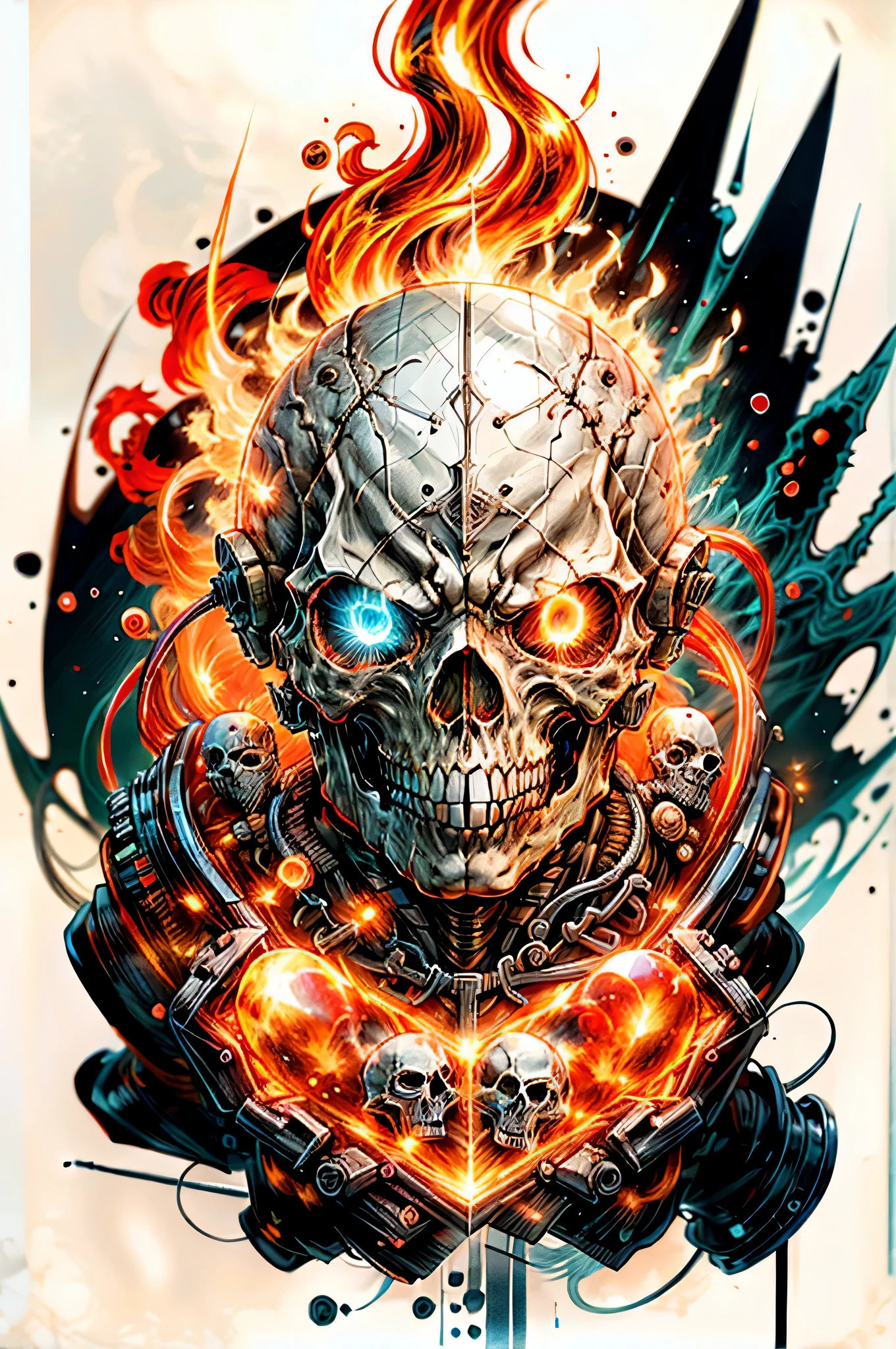 skull with flames and a knife in the middle of it, glowing red skull, skull design for a rock band, fiery skull contemplating life, fantasy skull, full color digital illustration, heavy metal art style, flaming skull, style of hydro74, colored illustration for tattoo, striking detailed artstyle, in style of digital illustration, ghost rider, metal skull with red eyes