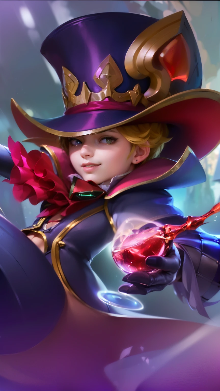 masculine male, masterpiece, ((perfect eyeest quality, (semirealism:1.9), beautiful lighting, (extremely detailed CG unity 4k fhd wallpaper), High Detail, Sharp focus, dramatic outdoors, 1 boy ,19 years old, blue hair, light purpel eyes, smile, a close up of a person with a hat and a sword, ashe, leblanc, rin, tane skin, orianna, range murata and artgerm, zenra taliyah, roguish smirk, vivy, ezreal (league of legends, charming sly smile, youthful taliyah, smirking male bard, kda, mobile legends,realistic, high quality, 8k, brown hair, holding a glass.