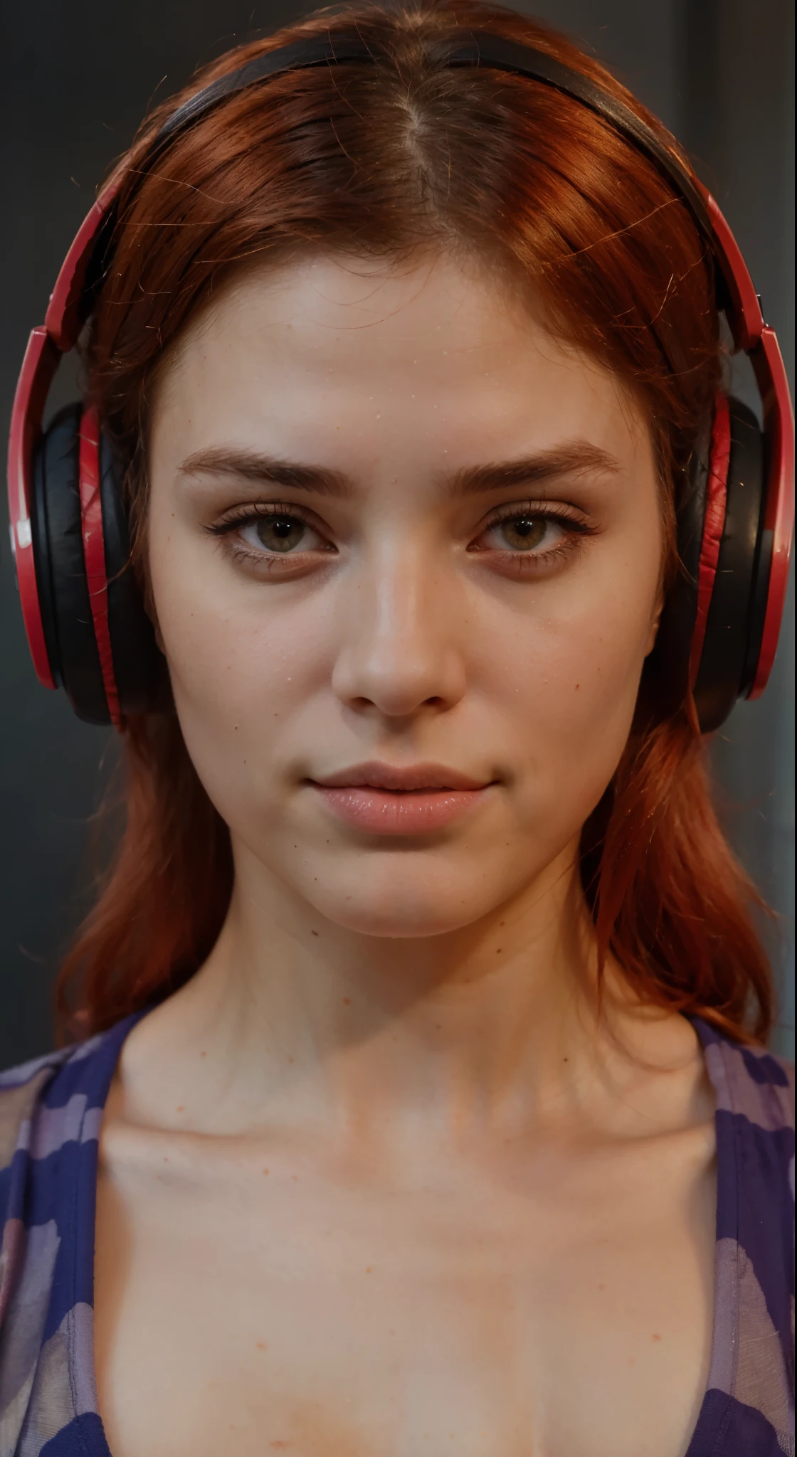 (masterpiece),(best quality:1.0),(ultra highres:1.0), beautiful girl, makeup, detailed beautiful, face focus, red hair, pink bra, skinny, headphones red, norway face, wallpaper 8k