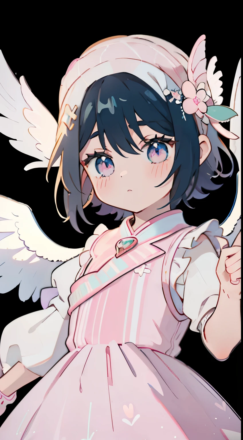 spot light、cute little、pinkcolor、Straight face、Pointing finger、Point your finger up、Idol、Idol Costumes、​masterpiece、top-quality、Top image quality、Angel wings、confeti、dark background no background、small angel wings、long、とてもcute little、Fluffy、fluffly、Potato