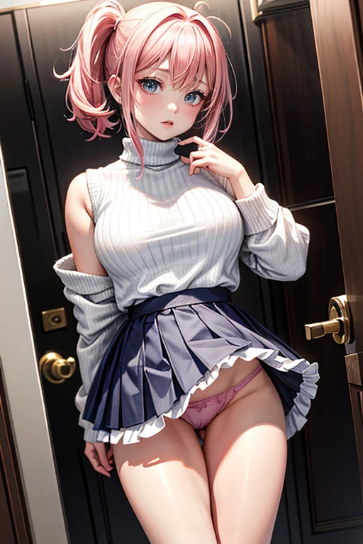 (best quality, 4k, 8k, highres, masterpiece:1.2), Pink Hair、poneyTail、Shorthair。She lifted up her frilly skirt with both hands and revealed her panties.。panties are elegant white。The jacket is a fluffy white sweater。Her breasts are big and beautiful.。Flip up your skirt with both hands.。The top garment is a sweater。Show me your panties。Even more embarrassed, I grabbed my skirt with both hands and gently lifted it up.。
