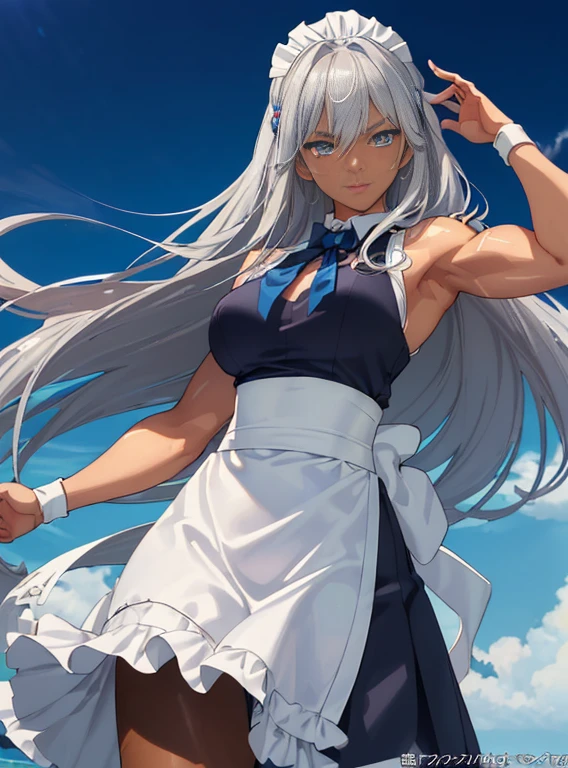 ((((masuter piece、top-quality、Long body、muscular body、well-muscled、large full breastrown skin color、ssmile、Silvery hair、Long hair、Blue glowing eyes、Dynamic Poses、A look of shame、maid clothelack skin))))),((((darkskin)))),((sun burn))、Realistic skin type、an anime girl、Detailed Digital Anime Art、A seductive anime girl、extremely detailed art germ、a hyperrealistic schoolgirl、Ilyakukvshinov、Smooth Anime CG Art、Ultra Realistic Woman、ig model、ArtGerm、photo-realistic anime girl、digital anime art