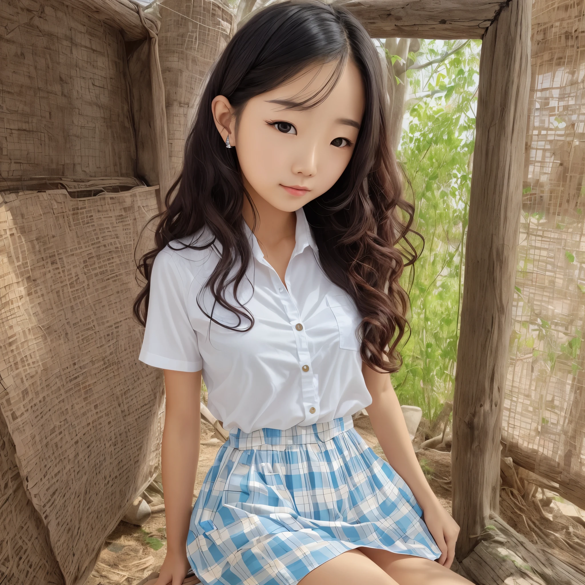 a german korean 21 year old beautiful girl with curly blonde black hair studying art in a cute white shirt that is dropped over her shoulder, her skirt has also moved so you see a lot of her legs --auto --s2