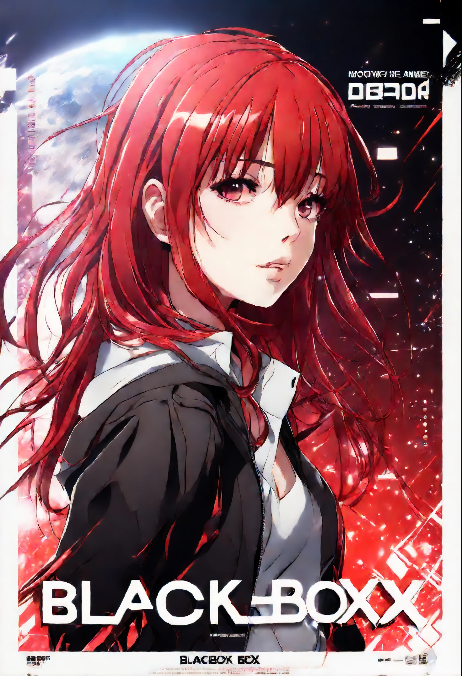 1girl, red hair, anime style, anime, with title "Blackbox " on it ,Movie Poster, MoviePosterRedAF, ,