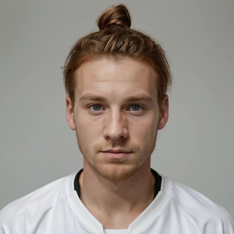 Pale irish male soccer player, ginger man bun, portrait from the shoulders up facing the camera, white background