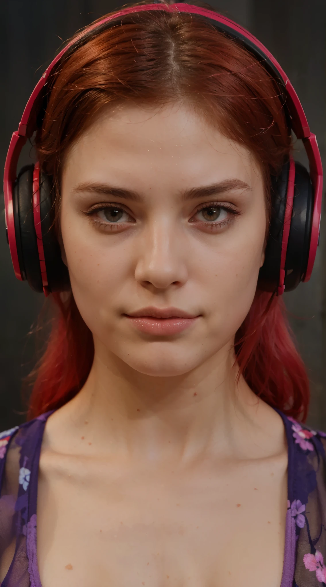 (masterpiece),(best quality:1.0),(ultra highres:1.0), beautiful girl, makeup, detailed beautiful, face focus, red hair, pink bra, skinny, headphones red, norway face, wallpaper 8k